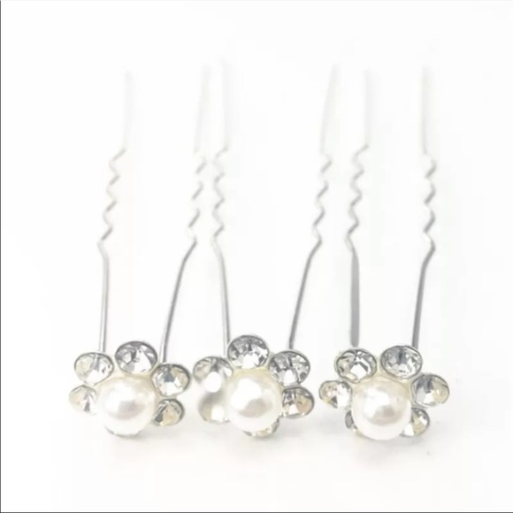 New! Set of Pearl Crystal Flower Bridal Hair Pins - Picture 3 of 7